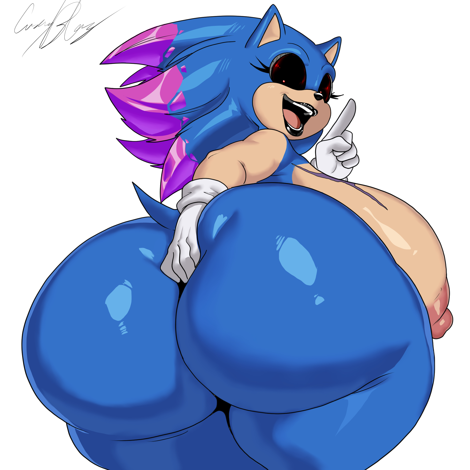 1girls, areolae, artist signature, ass, ass bigger than head, big ass, black lipstick, black sclera, blue fur, breasts, breasts bigger than head, breasts out, butt digging, crossgender, crystal hair, cuernosblancos, digging up in they ass, female, female focus, female only, gloves, hedgehog, large breasts, light-skinned female, looking at viewer, looking back, mtf crossgender, nude, nude female, red eyes, rule 63, solo, solo female, solo focus, sonic (series), sonic.exe, sonic.exe (series), thick thighs, white background, wide hips, xenophanes sonic