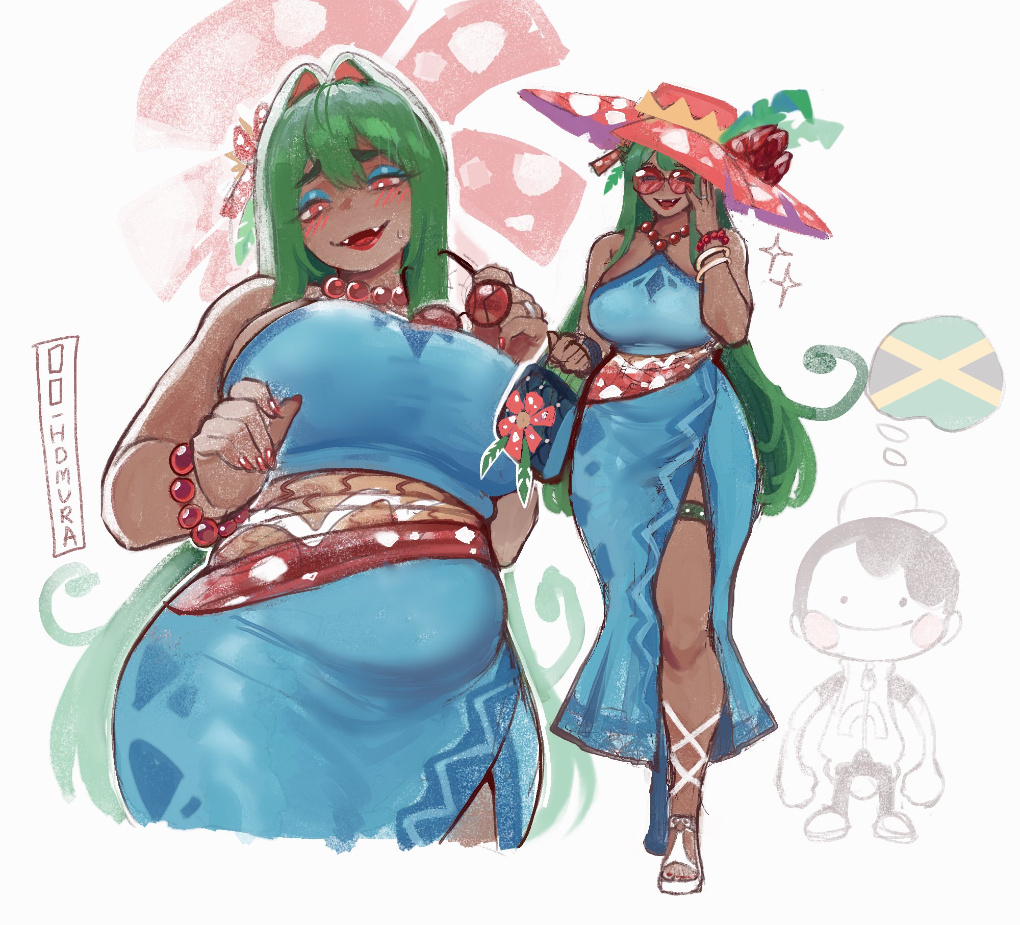 2d, 2d (artwork), 2girls, alternate version available, animal ears, blush, breasts, brown hair, cleavage, color, curvy, ditto, ditto (pokemon pokopia), ditto (pokemon), ditto copied person, generation 1 pokemon, gijinka, green hair, hawaiian clothes, hi res, highres, illustration, jamaican flag, large breasts, looking at viewer, mature female, multiple girls, multiple views, nintendo, no text version, open mouth, personification, pokegirl, pokemon, pokemon (species), pokemon pokopia, pokopia, red eyes, smile, smiling, smiling at viewer, thiccwithaq, twintails, venusaur