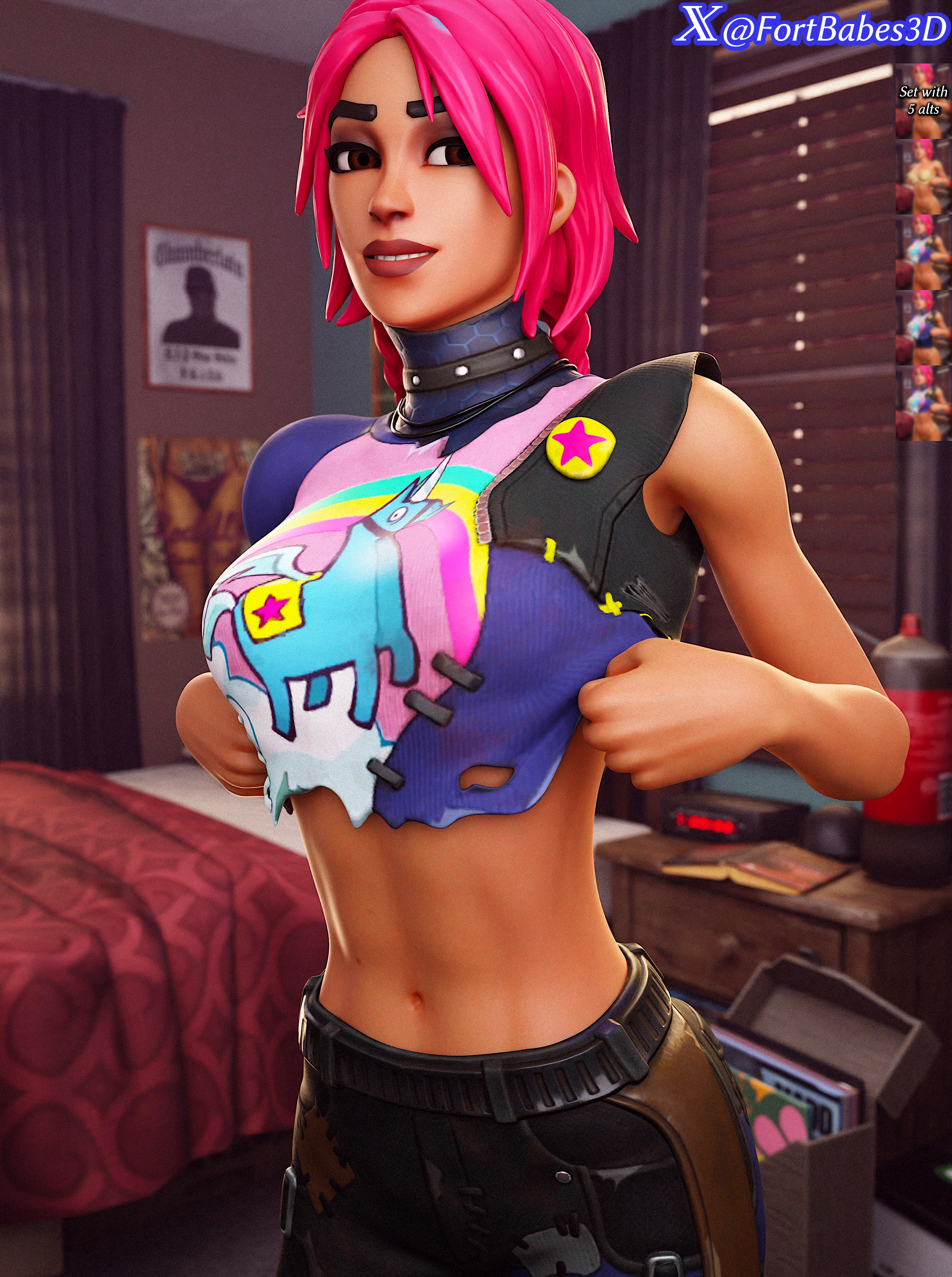 3d, 3d (artwork), abs, belly, brite bomber, brite raider, darkbahamuth, female, fortnite, lifting shirt, midriff, pinup, sfw, solo, toned, toned female