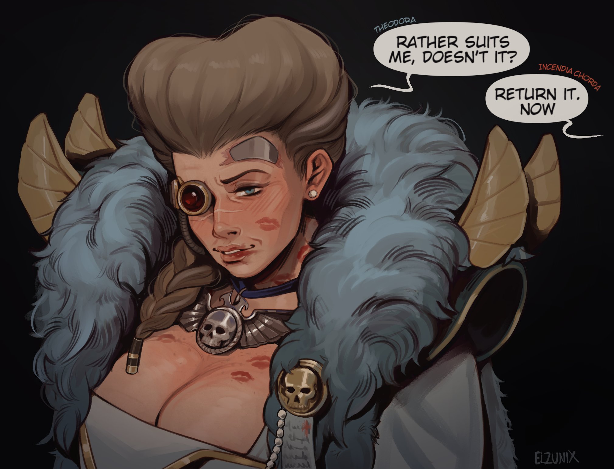 1girls, 2d, after kiss, blue eyes, blush, borrowed clothes, breasts, brown hair, choker, cleavage, clothed, cyborg, dialogue, elzunix, english text, female, female only, fur collar, hair over shoulder, human, incendia bastaal-chorda, large breasts, lipstick mark, lipstick mark on breast, mature female, mechanical eye, milf, pendant, pendant choker, pink lips, red lipstick, rogue trader, rogue trader (video game), scar, single braid, smeared lipstick, solo, solo female, speech bubble, text, theodora von valancius, warhammer (franchise), warhammer 40k, yuri