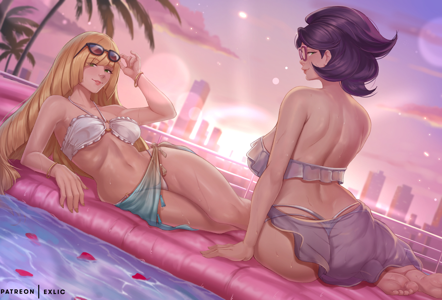 2025, 2d, 2d (artwork), 2girls, 2milfs, alternate version available, armwear, artist name, ass, back, back view, backboob, big ass, bikini, bikini bottom, bikini top, blonde hair, blonde-haired female, bottomwear, bracelet, breasts, business woman, classy, classy female, exlic, eyewear, feet, female, female only, female torso, flower petals, game freak, glasses, green eyes, hair, headwear, hips, human, human only, light skin, light-skinned female, lips, long hair, looking back, lusamine (pokemon), mature, mature female, mature woman, milf, milfs, mother, nails, outdoors, petals, pink glasses, pokemon, pokemon sm, pool, pool float, purple hair, purple-haired female, questionable, rich, rich female, sarong, short hair, short-haired female, side-tie bikini, sunglasses, sunglasses on head, swimwear, topwear, very long hair, water, wealthy, wealthy female, wet, wet body, white bikini, wicke (pokemon)