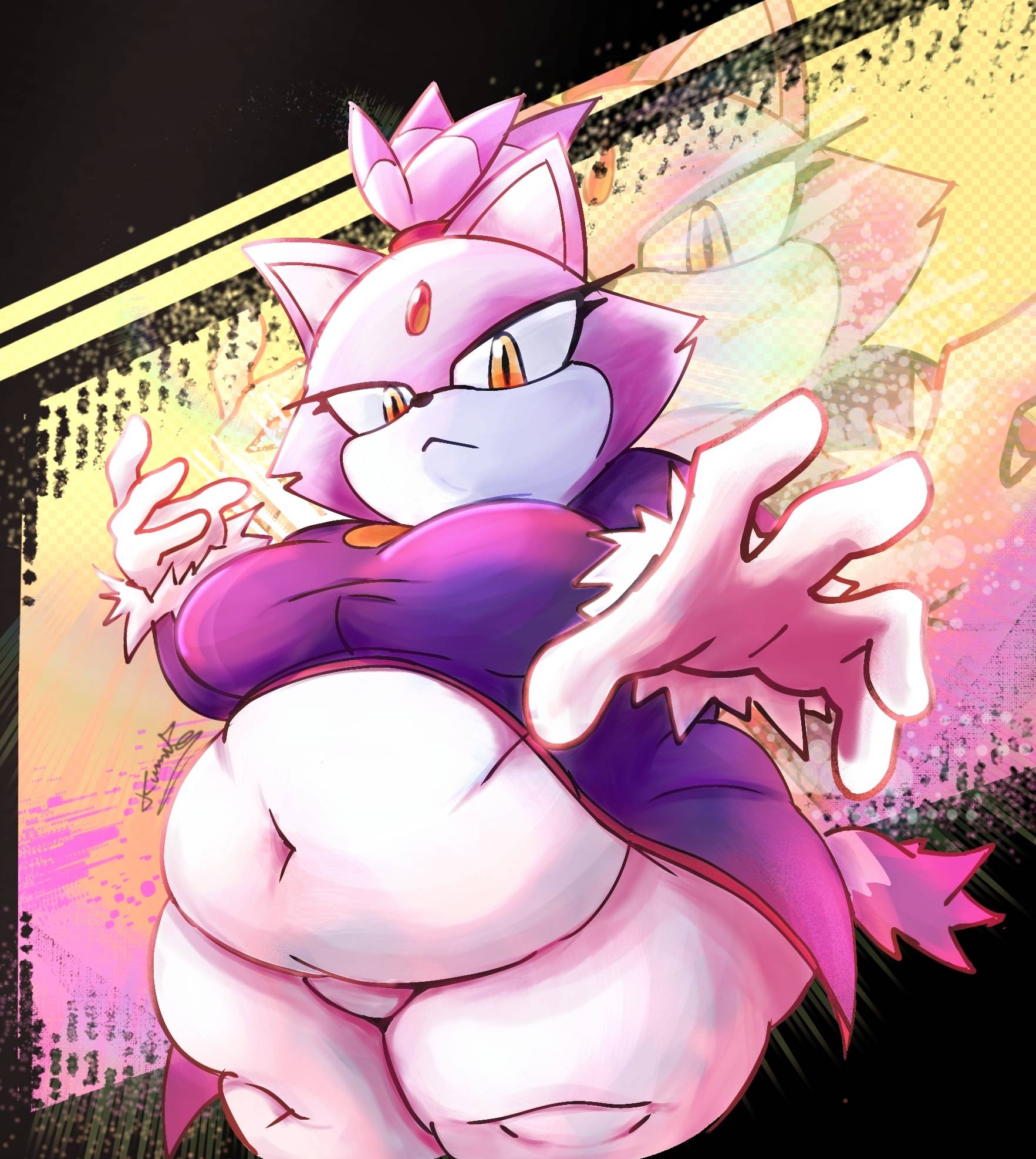 2025, ass, big breasts, big butt, blaze the cat, breasts, cakekumik0, chubby, chubby ass, chubby belly, chubby butt, chubby female, chubby girl, chubby thighs, detailed background, digital art, fat, fat ass, fat belly, fat butt, fat female, fat thighs, female, looking at viewer, pose, purple cat, sega, sonic (series), sonic rush, sonic rush adventure, sonic the hedgehog (idw), sonic the hedgehog (series), thighs, weight gain, weight gain female, wg