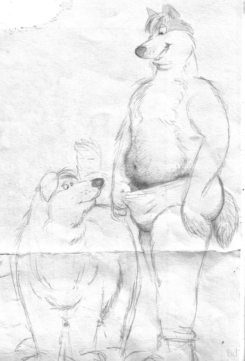 ambiguous_gender anthro anthro_on_feral bd belly black_and_white bulge canine clothed clothing duo feral fur half-closed_eyes looking_at_penis male male/ambiguous male_only mammal monochrome navel open_mouth overweight pencil_(artwork) penis sketch slightly_chubby smile topless traditional_media_(artwork) underwear zoophilia