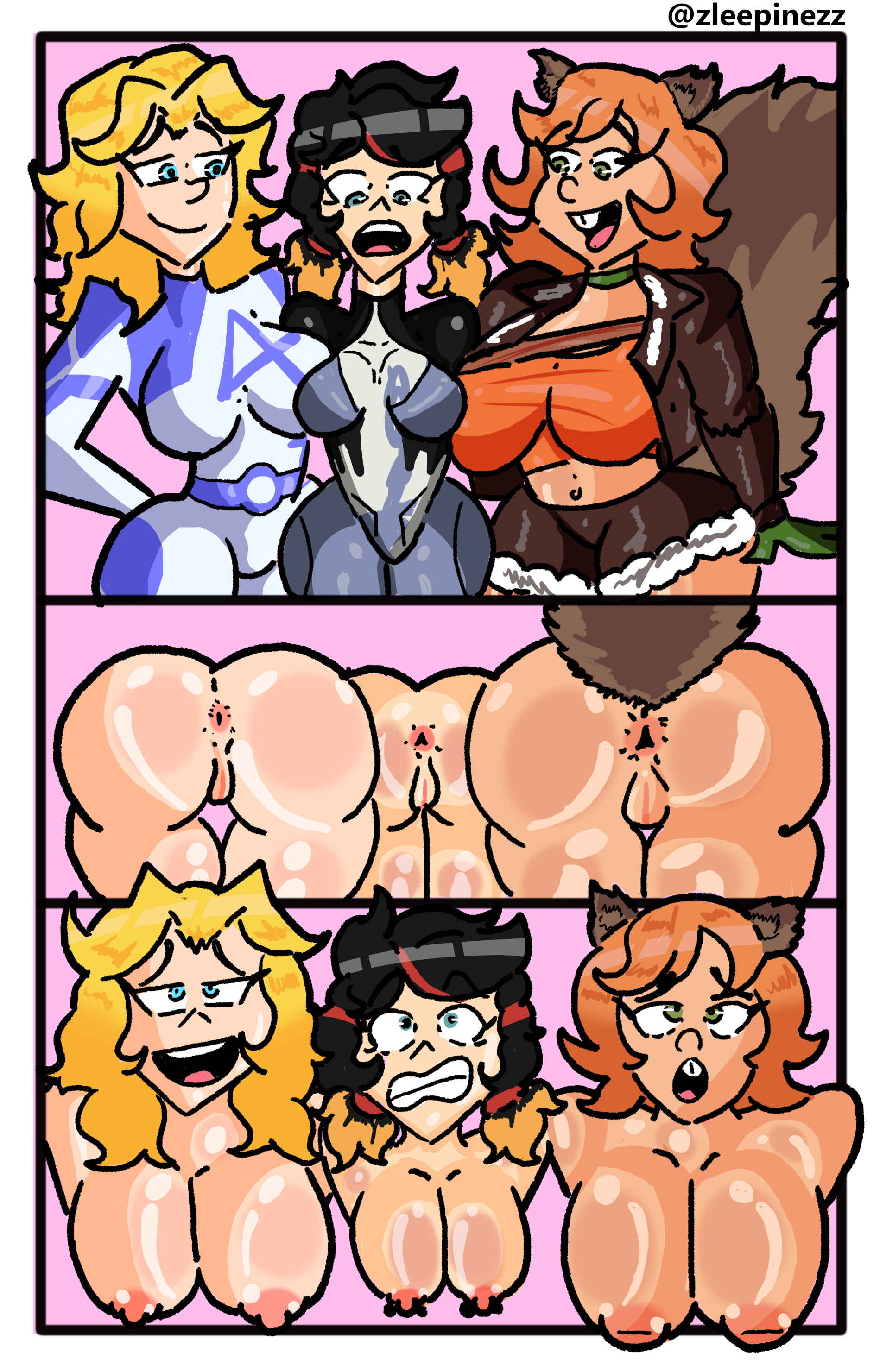 2d, 3girls, anus, anus focus, black hair, blue eyes, breasts, clothed, clothed female, comic, comic panel, female, green eyes, invisible woman, invisible woman (marvel rivals), marvel, marvel comics, marvel rivals, naked, nude, orange hair, peni parker, peni parker (marvel rivals), pink background, pussy, sex, sex from behind, small breasts, squirrel girl (marvel rivals), squirrel girl (marvel), sue storm, white skin, yellow hair, zleepinezz