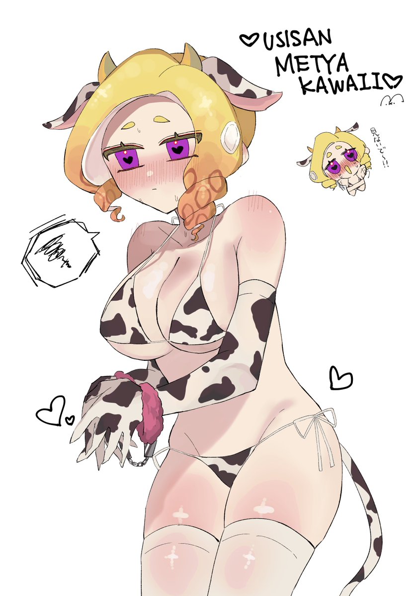 1girls bikini blonde_hair blush breasts cleavage cow_print cow_print_bikini cow_tail heart heart-shaped_pupils nintendo octoling octoling_girl purple_eyes side_tie_bikini simple_background smchan_hll solo solo_female solo_focus speech_bubble splatoon tail tentacle_hair thighhighs white_background white_thighhighs yellow_hair