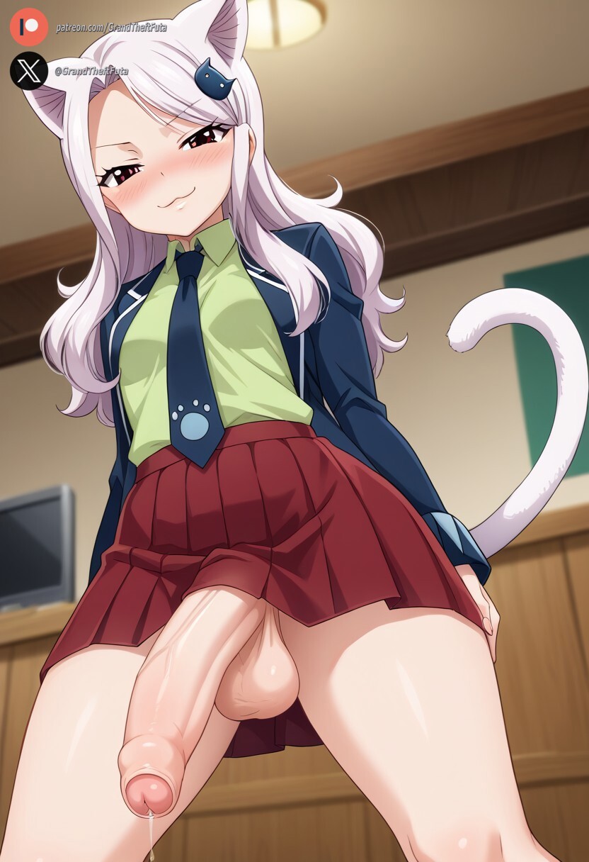 1futa ai_generated balls big_penis black_eyes blush carla_(fairy_tail) cat_ears clothed cock dickgirl fairy_tail flaccid foreskin futa_only futanari huge_cock indoors light-skinned_futanari light_skin long_hair looking_at_viewer low-angle_view penis precum roxygtf school_uniform schoolgirl small_breasts smug solo standing white_hair