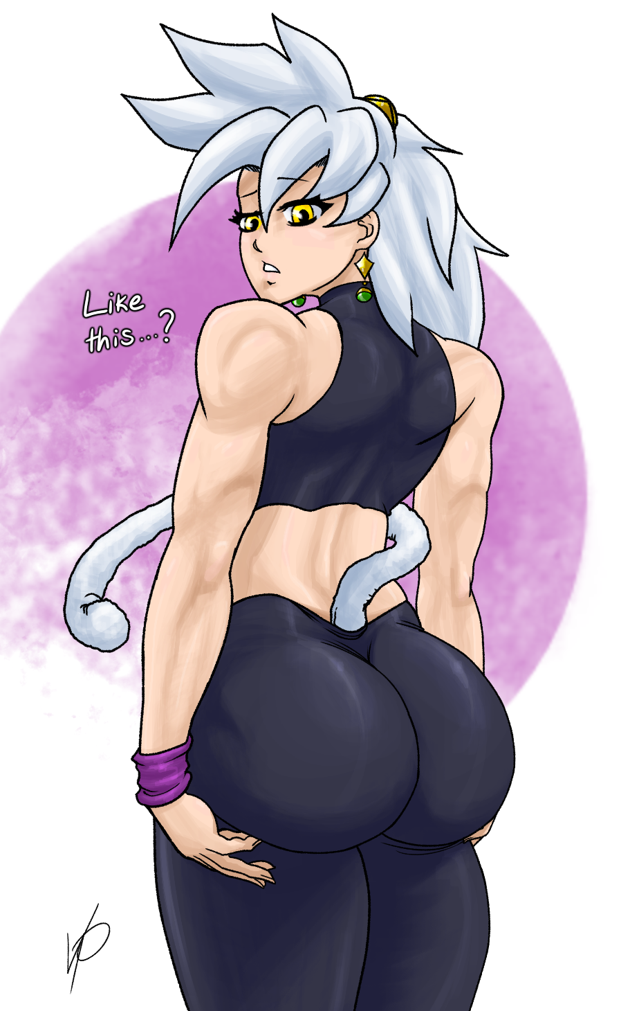 andromeda_(vpagonart) black_legwear dat_ass dialogue dragon_ball earrings female_focus female_only goddess gold_jewelry grabbing_own_ass jewelry looking_at_viewer looking_back muscular_female original_character pale-skinned_female saiyan saiyan_tail sports_bra talking_to_viewer vpagonart white_hair yellow_eyes