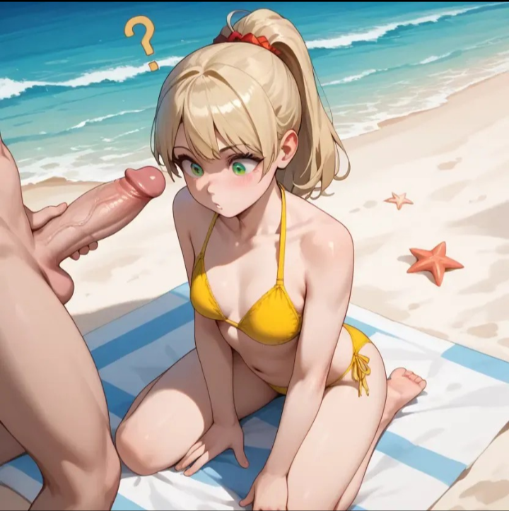 ? ai_assisted ai_generated beach beach_background beach_towel bikini blonde_female blonde_hair cock cock_in_face confused confused_look creepy_male female female_focus little_girl pervert stroking_penis teasing yellow_bikini young younger_female