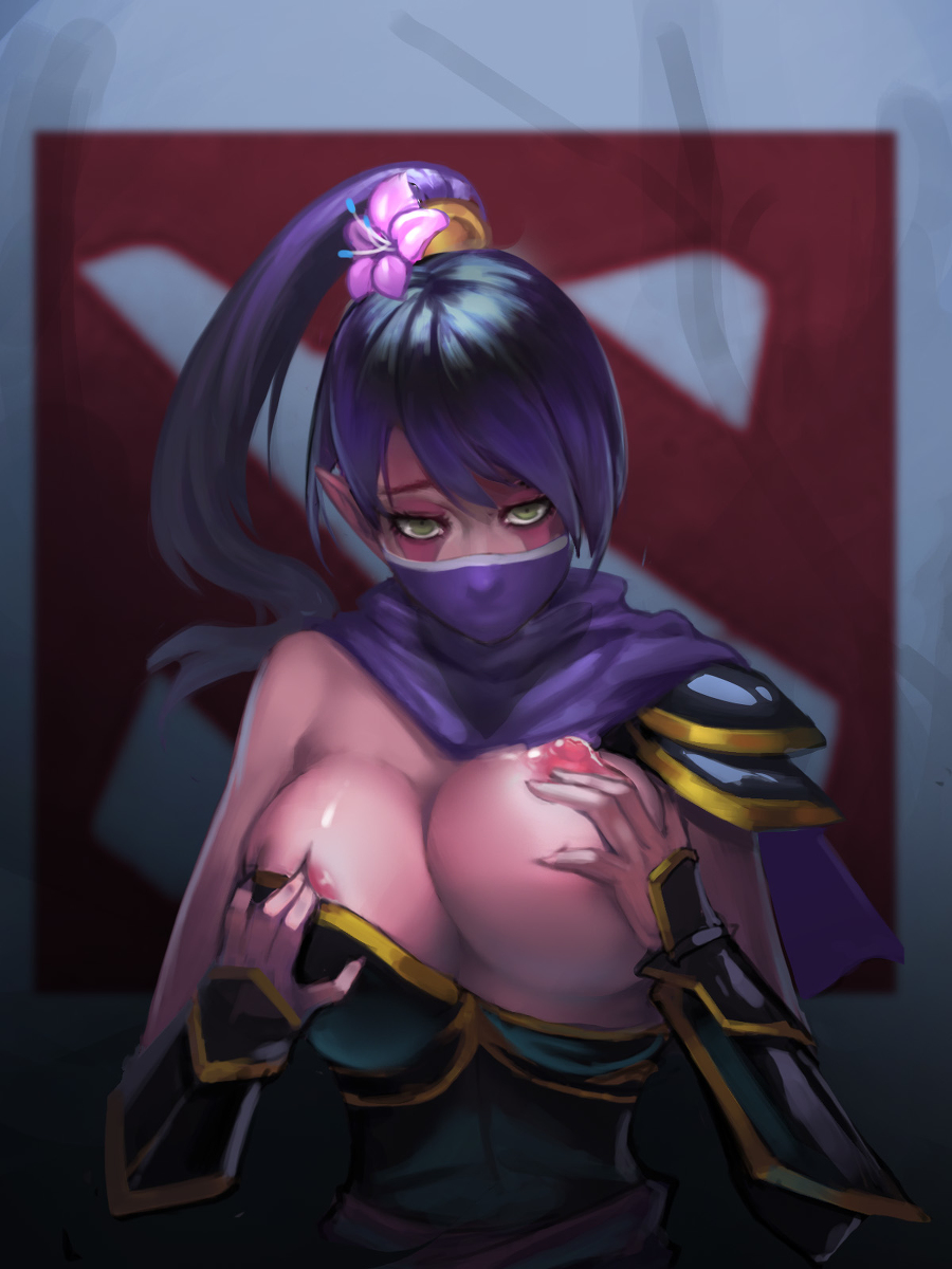 1girls, breasts, dota 2, female, female only, flower in hair, green eyes, holding breast, lanaya, lanaya the templar assassin, nipples, pink skin, solo female, tagme, templar assassin