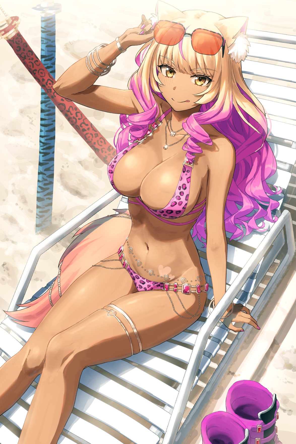 1girls animal_ears animal_print beach bikini blonde_hair bracelet breasts brown_eyes chair dark-skinned_female dark_skin drill_hair eyewear_on_head fate/grand_order fate_(series) fox_ears fox_tail gal ganguro gradient_hair gyaru gyaru_gal highres jewelry kamo_ashi katana kuro_gyaru large_breasts leopard_print long_hair lounge_chair multicolored_hair navel pink_bikini pink_hair pink_nails planted planted_sword planted_weapon shoes sunglasses suzuka_gozen_(fate) suzuka_gozen_(swimsuit_rider)_(fate) suzuka_gozen_(swimsuit_rider)_(second_ascension)_(fate) swimsuit sword tail tan thigh_strap unworn_shoes weapon