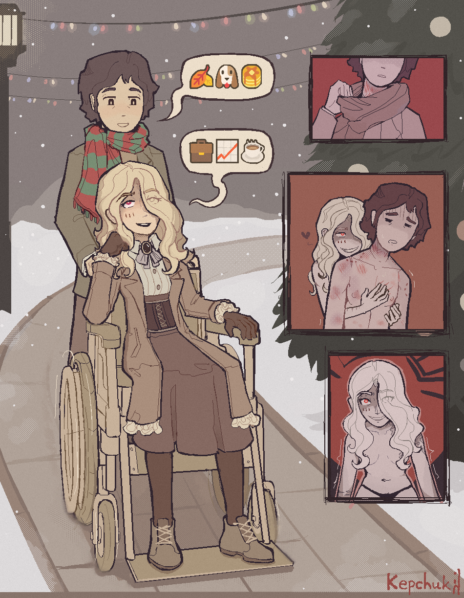 1boy 1girls aristocrat bite_mark black_eyes black_hair blonde_hair caretaker caretaker_(kepchuk) christmas comic dialogue disability dominant dominant_female kepchuk panties pixel_art red_eyes scar scars sibylla_(kepchuk) small_breasts smiling snow submissive submissive_male walking wheelchair