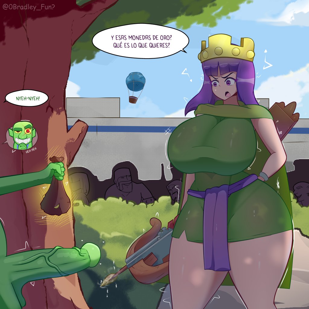 1girls, 2024, archer queen (clash of clans), big breasts, big penis, bradleyfun?, breasts, cape, clash (series), clash royale, clothed, clothed female nude male, clothing, confused, female, goblin, goblin (clash of clans), goblin (clash royale), gold coin, green body, male, money, money bag, offering money, penis, prostitution, purple eyes, purple hair, spanish text, text, thick thighs, tight clothing, translation request, translucent, translucent clothing, veiny penis