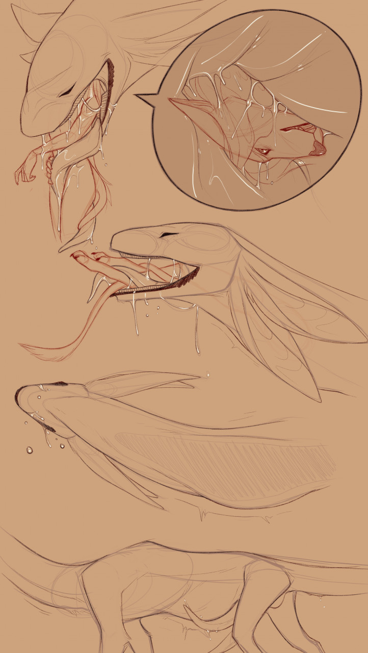 ambiguous_gender anthro bodily_fluids canid canine duo feral hi_res in_throat inside_stomach internal long_tongue male mammal nude ohelladarian_(artist) oral_vore saliva swallowing tongue unknown_species vore