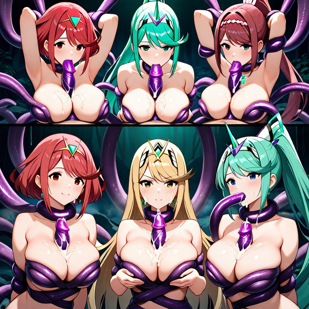 ai_generated blonde_hair boobjob chained chains cum cum_on_breasts fellatio glimmer_(xenoblade) green_eyes green_hair hair mother_and_daughter mythra mythra_(xenoblade) paizuri pneuma pneuma_(xenoblade) pyra pyra_(xenoblade) red_hair restrained tentacle titjob xenoblade_(series) xenoblade_chronicles_2 xenoblade_chronicles_3 yellow_eyes