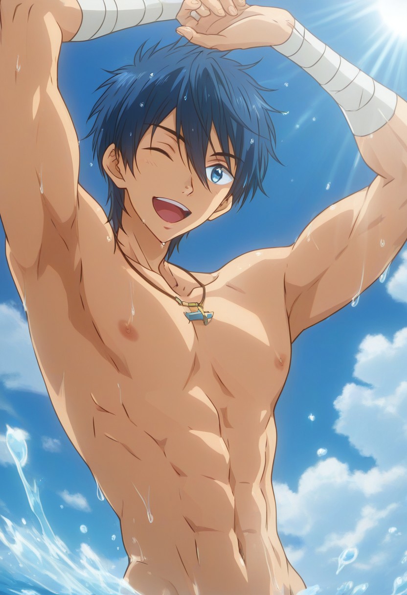ai ai_art ai_assisted ai_generated aoi_sekai_no_chuushin_de arm_bandages armpits arms_behind_head bandage bandages beach gay gear_(aoi_sekai_no_chuushin_de) hands_behind_head happy male_focus male_only necklace one_eye_closed showing_armpits solo_male sunlight toned toned_body toned_male wet wink world_war_blue
