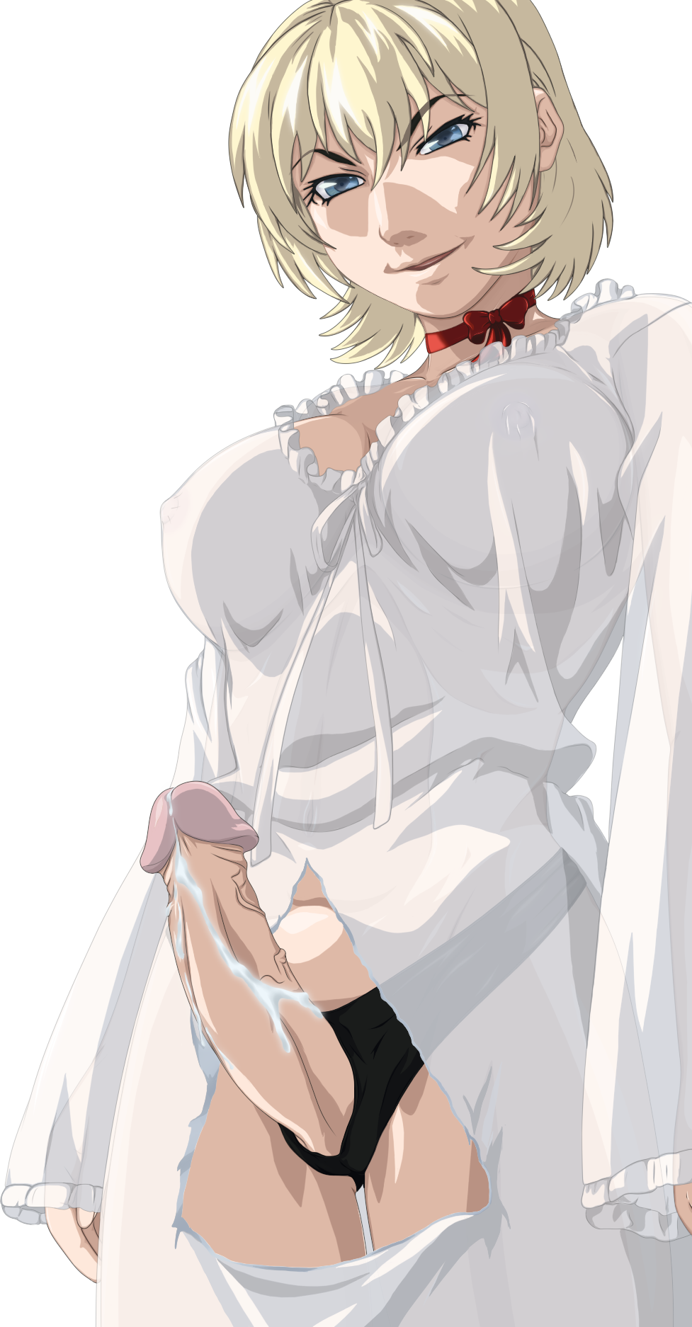 1futa bible_black blonde_hair futanari green_eyes jody_crowley large_breasts shin_bible_black short_hair voluptuous_female white_dress witch