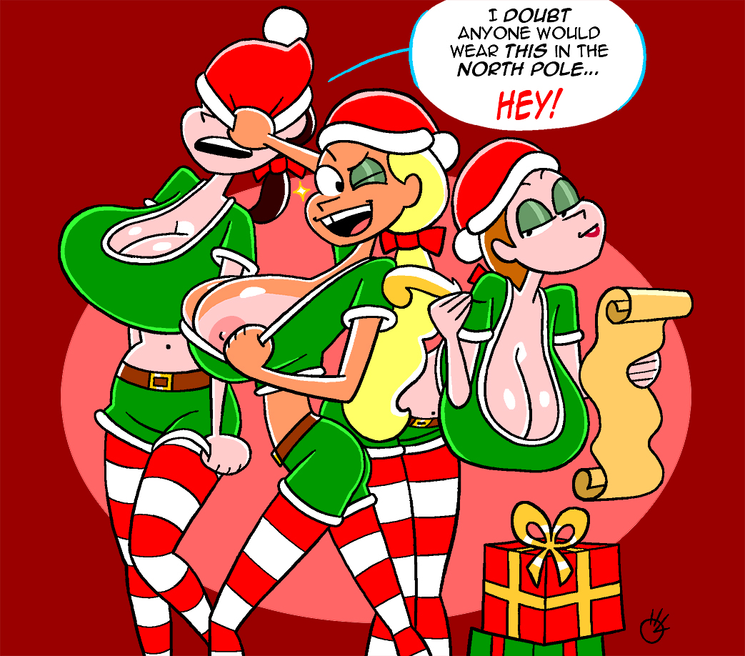 christmas cleavage female jessie_hills large_breasts megan_hills multiple_girls nipple oviidraws santa_hat sarah_hills tease