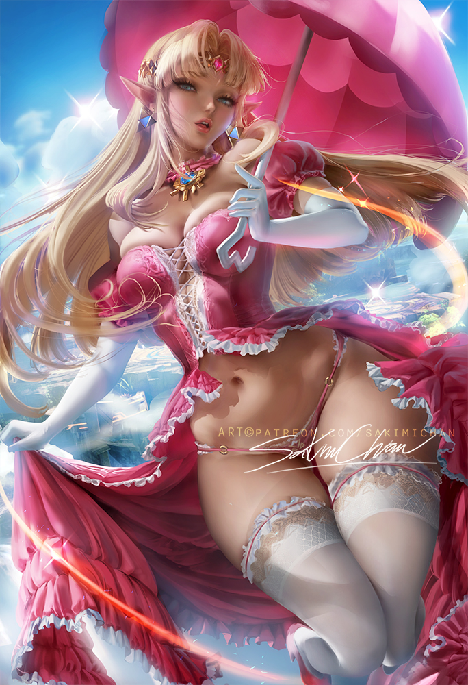 big breasts, bimbo, blonde hair, breasts, cleavage, female, female only, hourglass figure, looking at viewer, mario (series), nintendo, panties, pointy ears, princess peach (cosplay), princess zelda, realistic, sakimichan, solo, super smash bros., the legend of zelda, thighhighs, wide hips, zelda (a link between worlds)