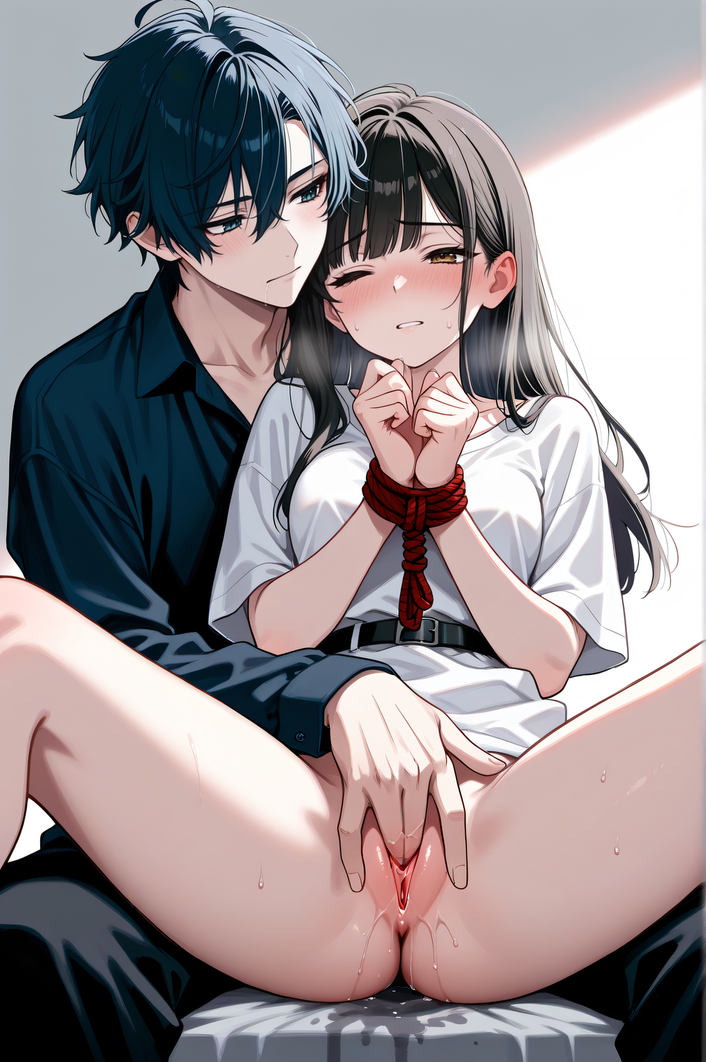 1boy 1girls ai_generated bishounen black_hair blue_eyes blue_hair blush bondage bottomless bottomless_female bound bound_wrists brown_eyes comfyui couple dominant_male female femsub fingering fingering_partner fingering_pussy long_hair looking_at_another male male/female maledom milua one_eye_closed original pussy pussy_juice saliva self_upload short_hair sitting spread_legs submissive_female sweat