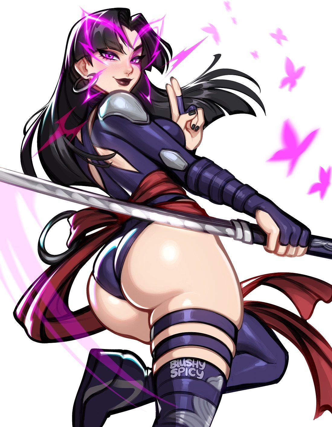 1girl 1girls ass ass_focus black_hair blushypixy blushyspicy earrings fat_ass hime_cut katana leotard light-skinned_female light_skin looking_at_viewer marvel marvel_comics marvel_rivals mutant_(marvel) psylocke psylocke_(marvel_rivals) purple_eyes purple_leotard purple_lipstick sai_(marvel) smile smiling_at_viewer solo solo_female sword twitter_username vengeance_psylocke video_game_character white_background x-men