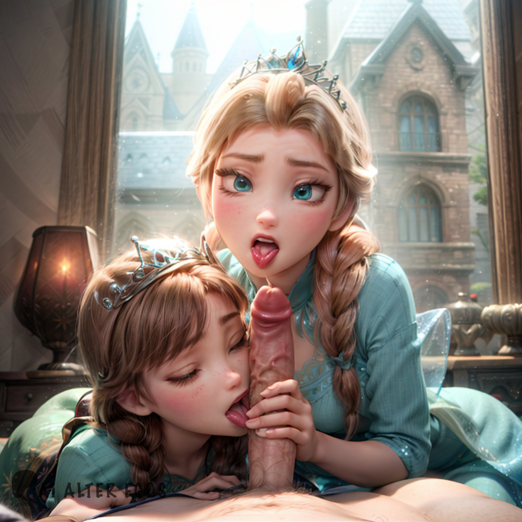 ai-alter-egos ai_generated anna_(frozen) artist_name blonde_hair_female brown_hair_female closed_eyes disney disney_princess elsa_(frozen) ffm_threesome frozen_(film) frozen_2 holding_partner's_penis licking_penis open_mouth pov_eye_contact single_braid teamwork tiara