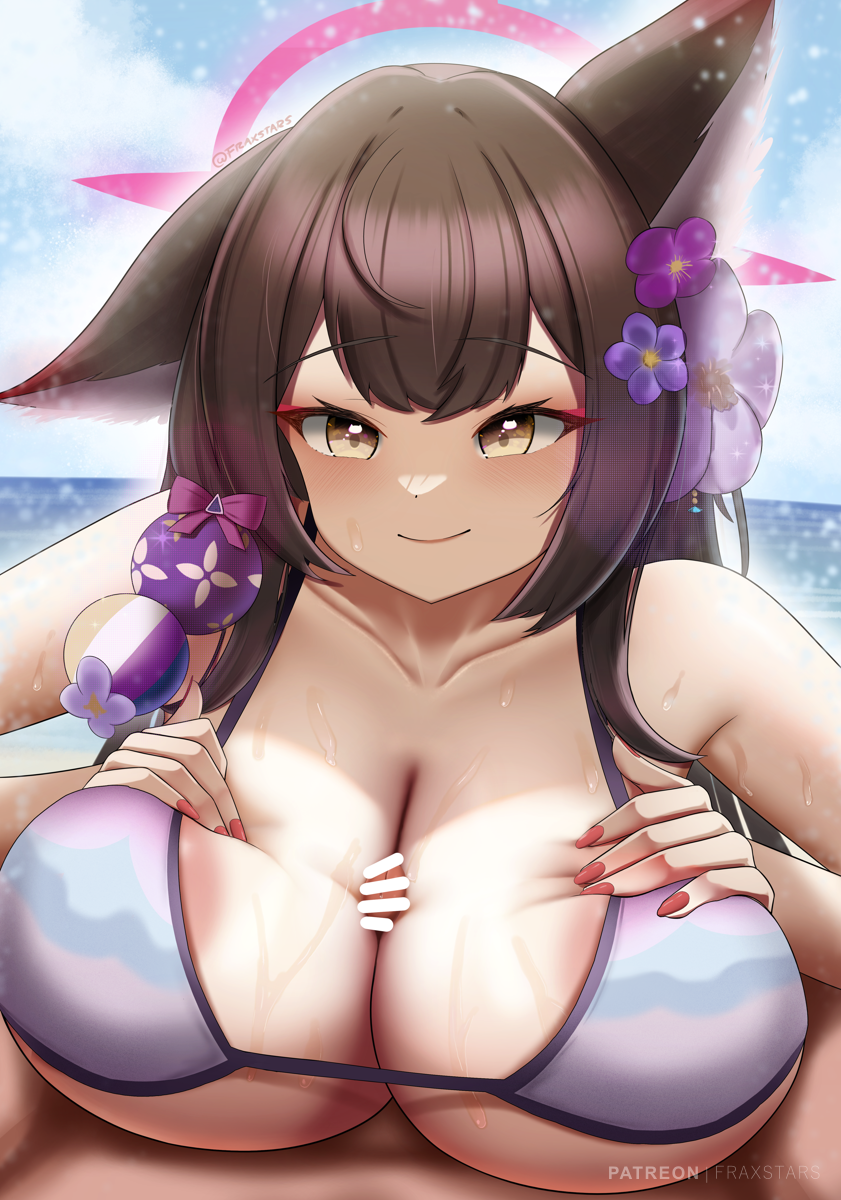 1girls areola_slip areolae beach beach_paizuri big_areola big_breasts bikini blue_archive blush boobjob breast_focus breast_hold breasts breasts_bigger_than_head breasts_pressed_against_partner breasts_pressed_together breasts_squeezed_together brown_eyes brown_hair clothed_paizuri cute_face flower_in_hair flowers_in_hair fox_ears fox_girl foxgirl fraxstars hair_ornament happy_paizuri honey_eyes huge_breasts long_hair looking_at_viewer nail_polish paizuri paizuri_lead_by_female paizuri_pov paizuri_under_clothes pink_bikini plump pov red_nails shiny_breasts smile smiling_at_viewer swimsuit titjob titjob_pov tittyfuck two_tone_ears wakamo_(blue_archive) wakamo_(swimsuit)_(blue_archive)