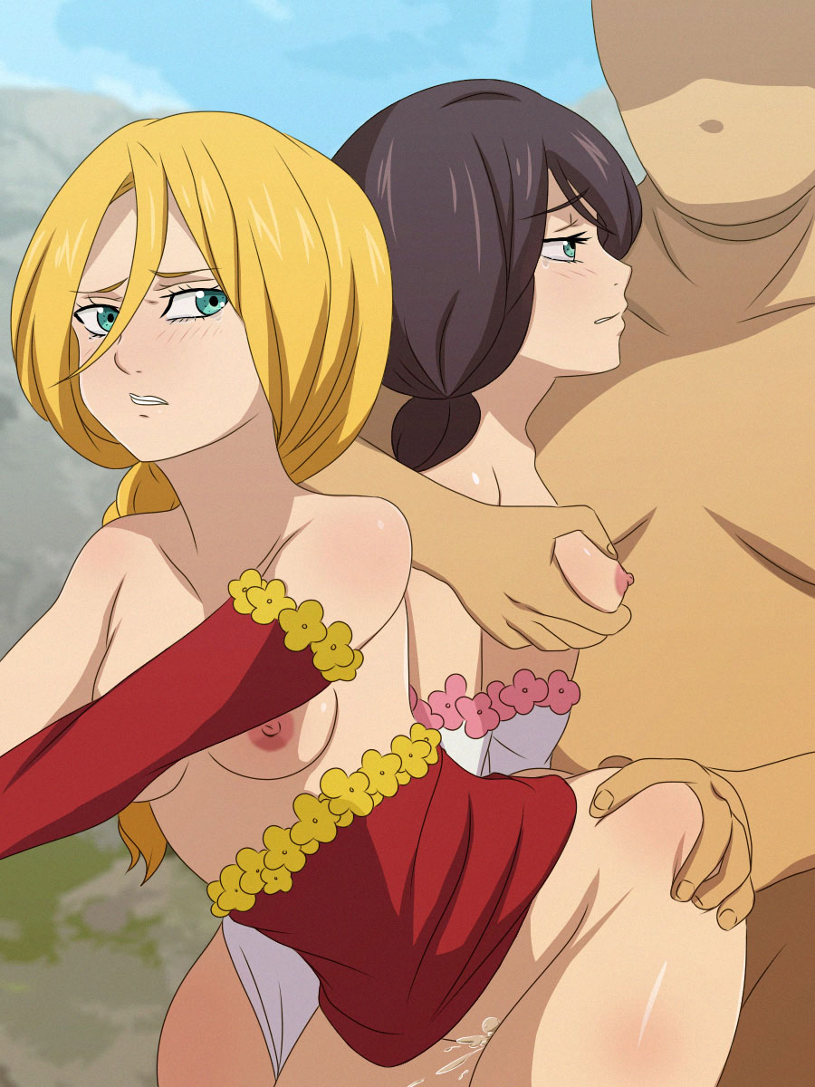 1boy 2girls ass_grab blonde_female blonde_hair blue_eyes breast_grab breasts cum cum_in_pussy embarrassed from_behind jenna_(nanatsu_no_taizai) multiple_subs nanatsu_no_taizai navel nude rape salmon_knight siblings sisters zaneri_(nanatsu_no_taizai)