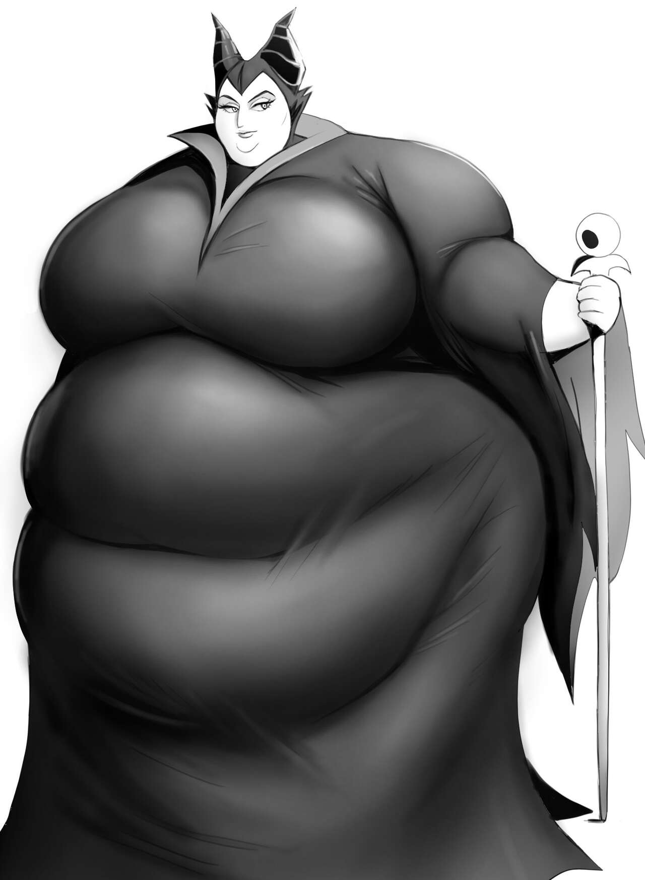 1girls black_and_white disney fat_fetish horned_headwear large_belly large_breasts maleficent nikutsuki obese skintight_clothing ssbbw villainess