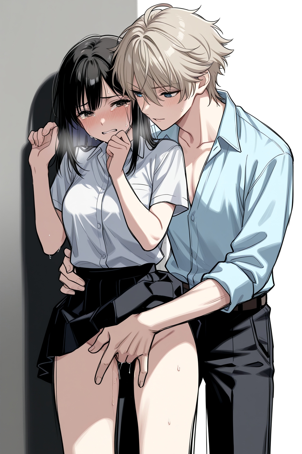 1boy 1girls ai_generated black_eyes black_hair blue_eyes breath clenched_teeth clothed_male clothes_lift collared_shirt comfyui crying crying_with_eyes_open dominant_male dubious_consent female fingering fingering_partner fingering_pussy forced forced_fingering hand_on_another's_waist light_brown_hair long_hair looking_at_another male male/female maledom milua molestation no_panties no_underwear original pants pleated_skirt pussy_juice self_upload shirt short_hair skirt skirt_lift standing straight sweat tears