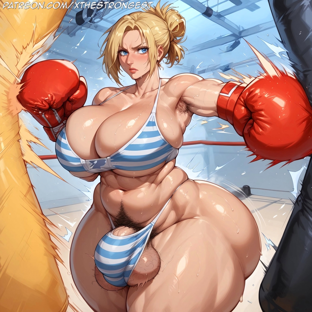 1futa ai_generated annie_leonhardt attack_on_titan big_breasts bikini boxing boxing_gloves bulge cleavage futanari mostly_nude pubic_hair punching solo striped_panties testicle_peek thestrongest