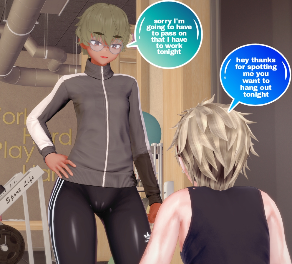 2boys 3d androgynous blonde_hair dark_skinned_femboy dialogue femboy feminine_male girly glasses gym oc original_character soiacalmanienti spats workout_clothing