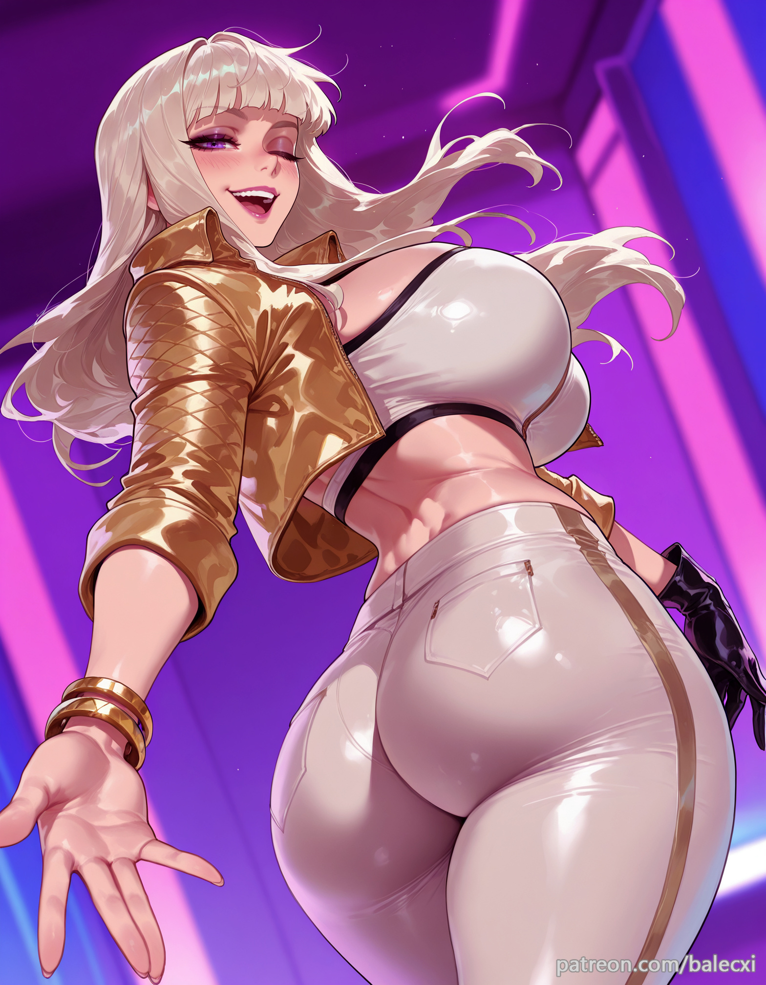 ai generated, ass, balecxi, black gloves, blunt bangs, bracelet, female, jacket, jewelry, k/da kai'sa, k/da kai'sa prestige edition, k/da series, kai'sa, large breasts, league of legends, long hair, looking at viewer, one eye closed, open mouth, pants, prestige skin, purple eyes, riot games, single glove, smile, solo, sports bra