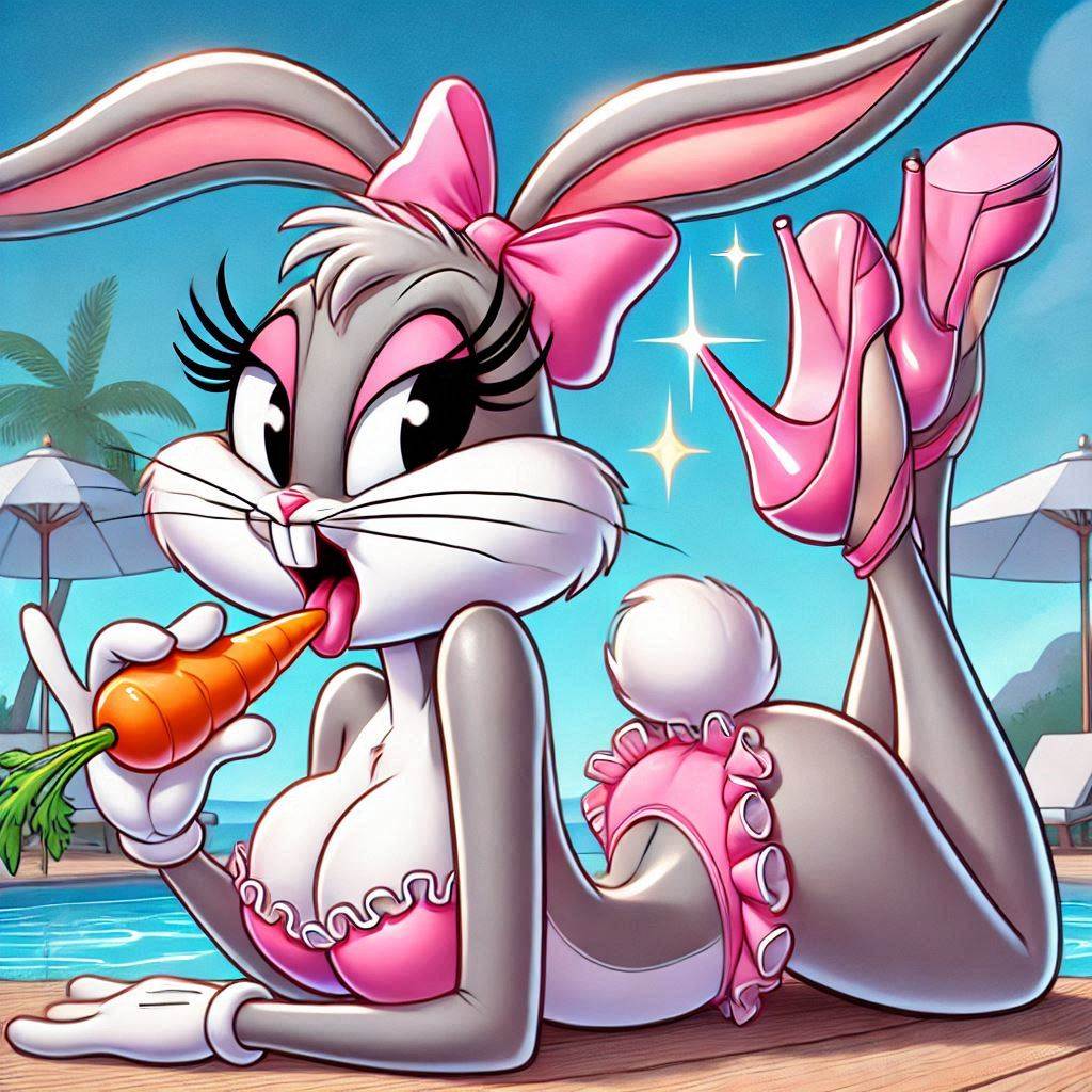 after_transformation ai_generated bedroom_eyes bikini bugs_bunny carrot crossdressing high_heels horny_female licking lingerie looney_tunes mtf_transformation poolside rule_63