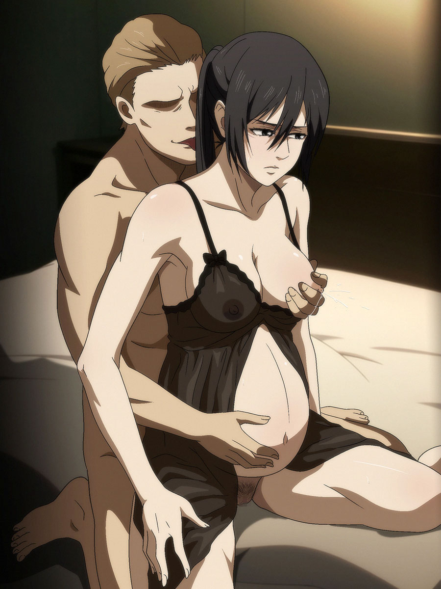 attack_on_titan black_hair black_pubic_hair breasts clothed_female_nude_male female_pubic_hair from_behind grabbing_another's_breast grabbing_from_behind lactation light-skinned_female light-skinned_male light_skin mikasa_ackerman pregnant pregnant_female pubic_hair salmon_knight shingeki_no_kyojin textless_version