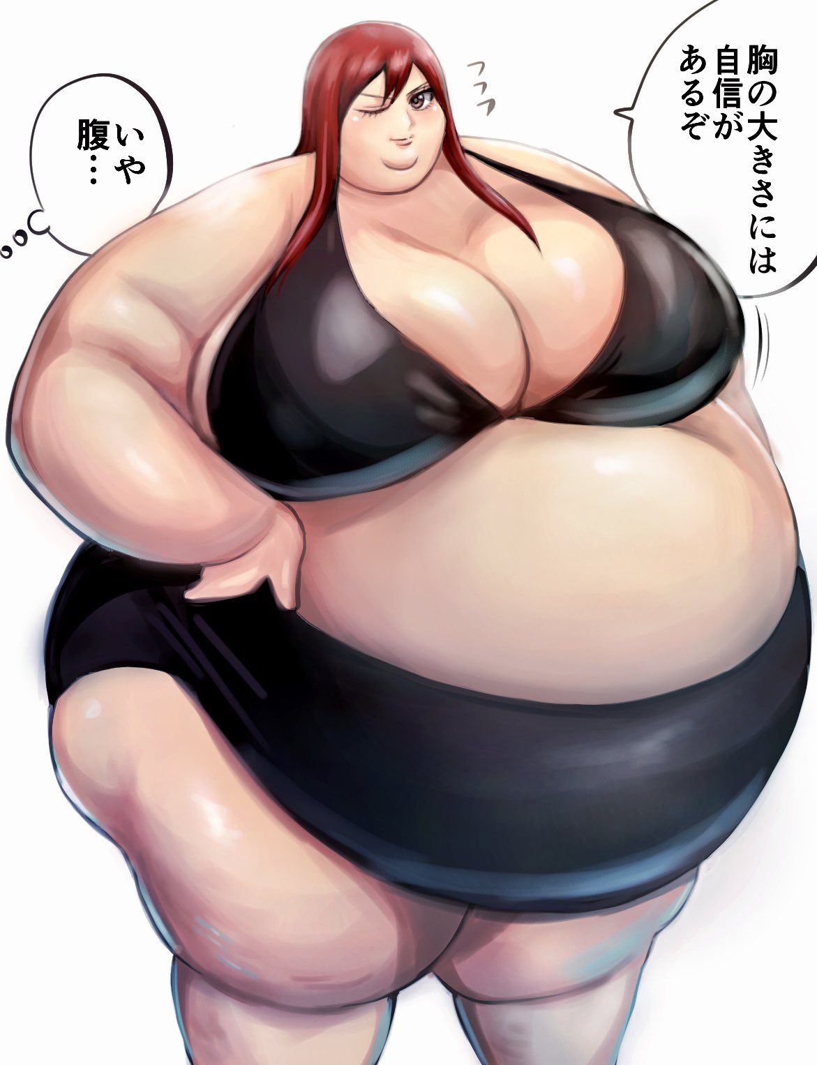 1girls bbw erza_scarlet fairy_tail fat_female large_belly large_breasts light-skinned_female nikutsuki obese old_artwork red_hair