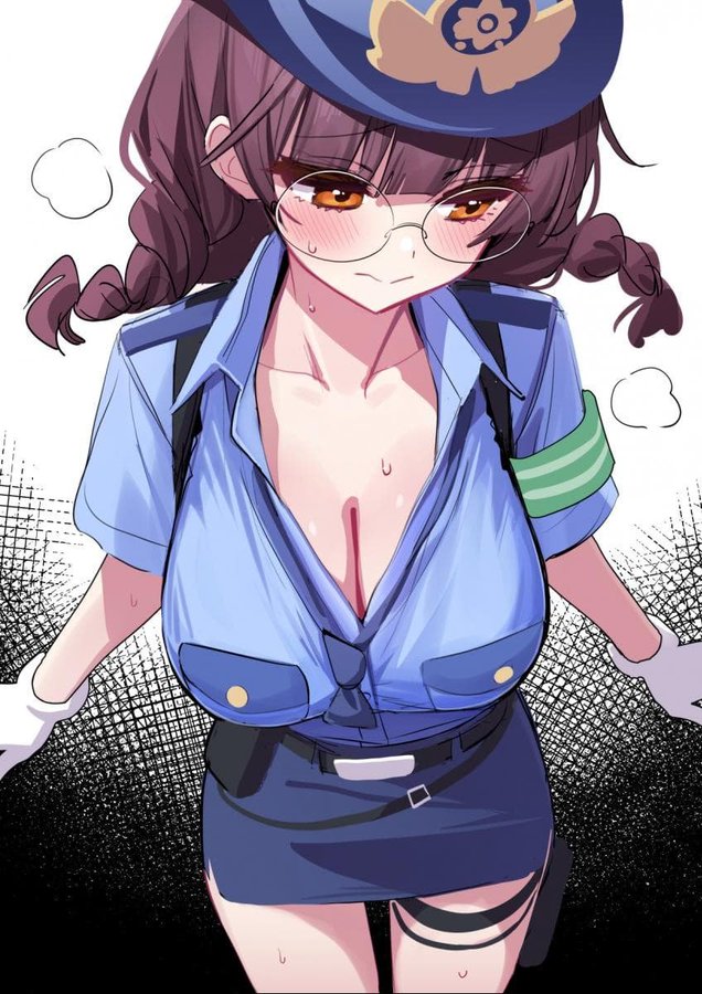 black_survival black_survival:eternal_return blush breasts brown_eyes cleavage deadnoodles_(@deadnooodles) deadnooodles eternal_return:_black_survival glasses large_breasts police police_hat police_officer police_uniform policewoman round_glasses suzuki_aya twin_braids uniform white_gloves