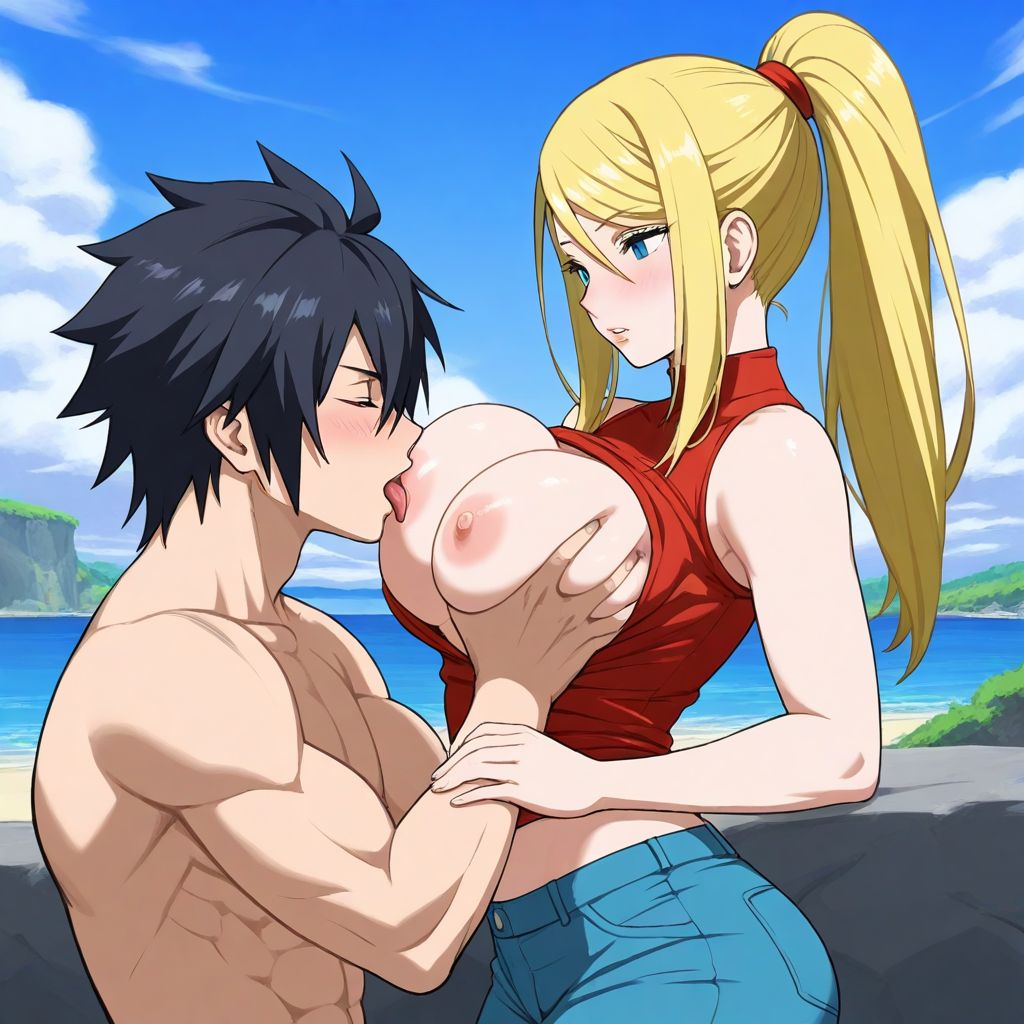 1female 1male ai_generated blonde_hair crossover fairy_tail gray_fullbuster metroid samus_aran sex