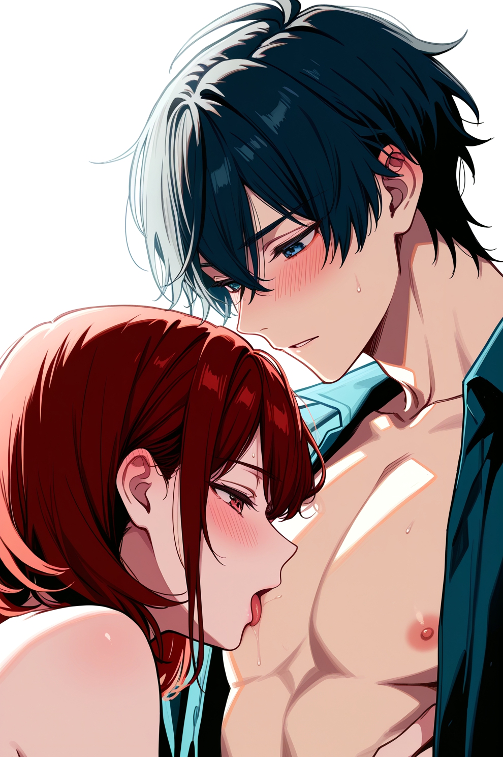 1boy 1girls ai_generated bangs bishounen blue_eyes blue_hair blue_shirt blush comfyui female licking licking_nipple looking_at_another male male/female milua nipples open_clothes open_shirt original parted_lips red_eyes red_hair self_upload shirt short_hair simple_background straight sweat tongue upper_body white_background