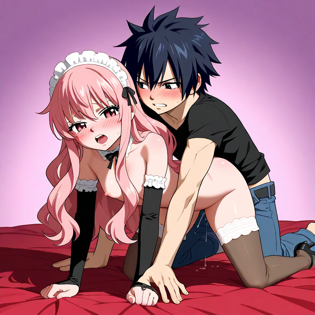 1boy 1girls ai_generated all_fours crossover fairy_tail female gray_fullbuster louise_francoise_le_blanc_de_la_valliere male petite_female pink_hair sex sexy_lingerie zero_no_tsukaima