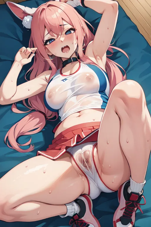 1girls ai_generated ai_hands animal_ears blue_eyes blush breasts_visible_through_clothing cameltoe collar female light-skinned_female light_skin lowres lying_on_back nipples_visible_through_clothing open_mouth panties pink_hair see-through_panties shoes skirt socks solo sweat thick_thighs thighs upskirt