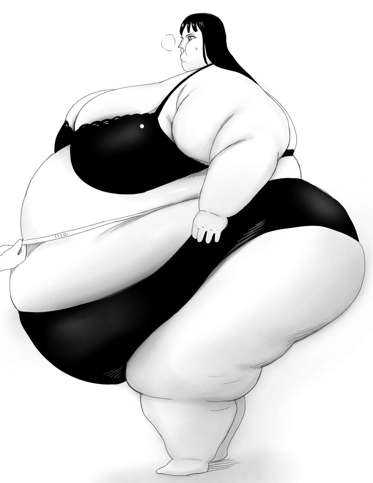 1girls black_and_white fat_fetish large_belly large_breasts measuring_tape nico_robin nikutsuki obese offscreen_character one_piece scantily_clad side_view ssbbw