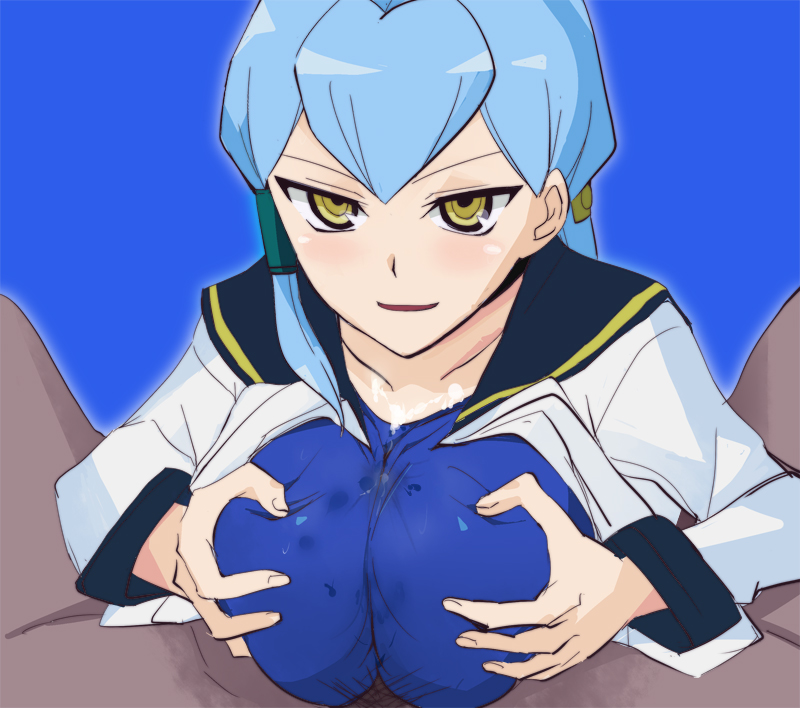 1boy 1girls cardfight!!_vanguard clothed_paizuri femdom gillian_chen large_breasts looking_at_viewer oda_koziki paizuri paizuri_under_clothes pov