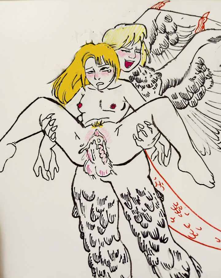 being_carried blonde_hair carrying_partner cum_in_pussy cumming_inside falfeathers falin_touden falin_touden_(chimera) female_only girldick held_up marcille_donato monster monster_girl penis_in_pussy t-girl tears tears_of_pleasure transgender trimmed_pubic_hair wings yuri