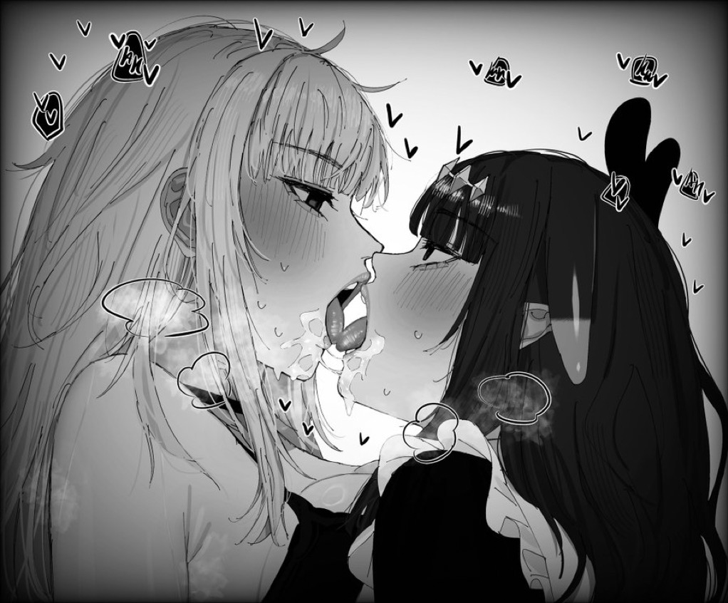 big breasts, black hair, blush, breast press, breasts, carrot 011, female, french kiss, french kissing, hololive, hololive english, hololive myth, large breasts, lesbian kiss, long hair, looking at partner, messy hair, mori calliope, ninomae ina'nis, pink hair, pressing breasts, pressing breasts together, squid girl, steam, sweat, virtual youtuber, vtuber, yuri