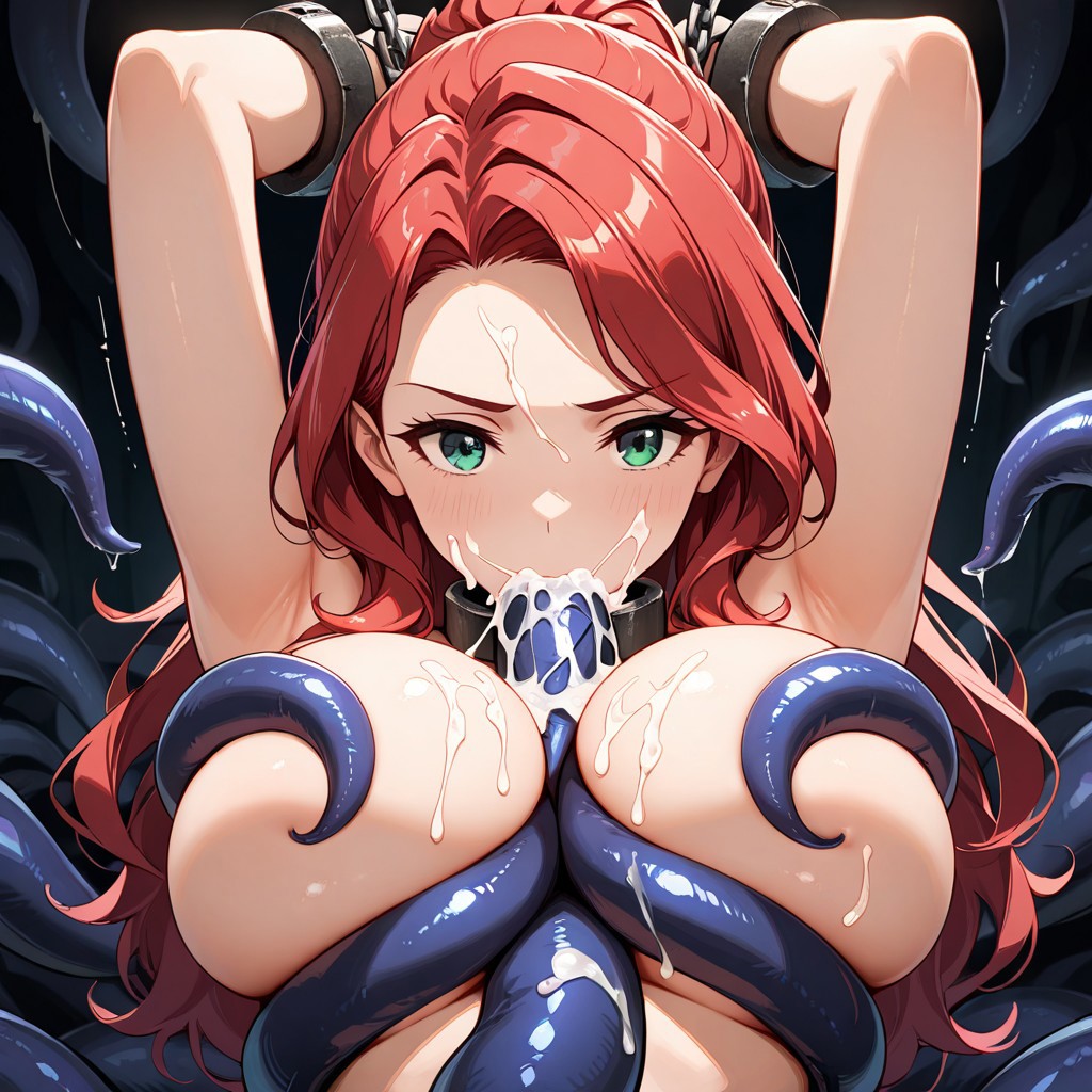 ai_generated boobjob chained chains cum cum_on_breasts fellatio green_eyes jean_grey long_hair marvel marvel_comics paizuri red_hair restrained tentacle titjob x-men