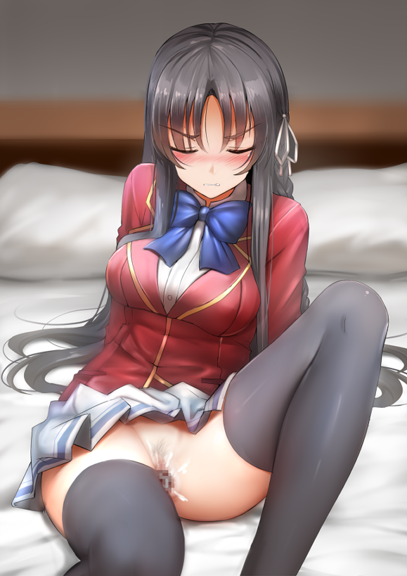 bed, black hair, black legwear, blue bow, blue neckwear, blurry, blurry background, blush, bow, bow panties, bowtie, breasts, censored, classroom of the elite, closed eyes, cum, cum in pussy, female, ginhaha, hair ribbon, horikita suzune, long hair, mosaic censoring, no panties, panties, pillow, pubic hair, pussy, ribbon, school uniform, sex, sitting, skirt, solo, thighhighs, underwear, very long hair, white panties, youkoso jitsuryoku shijou shugi no kyoushitsu e