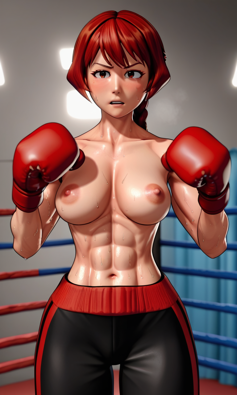 3d abs ai_generated boxing boxing_gloves boxing_trunks braid braided_ponytail breasts kosine1777 medium_breasts muscular muscular_female nipples ponytail red_hair solvalley_school sweat sweaty_body tatiana_(solvalley_school) topless topless_boxing topless_female trunks