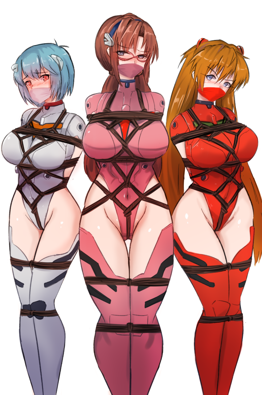 3girls annoyed arms_behind_back arms_bound arms_tied arms_tied_behind_back ass asuka_langley_sohryu bangs bdsm bdsm_harness big_ass big_breasts big_thighs blue_eyes blue_hair blush blushing bodysuit bondage bound bound_and_gagged bound_arms bound_hands bound_legs bound_wrists box_tie breasts brown_hair captive captured captured_heroine cleave_gag cloth_gag crotch_rope defeated eyelashes female female_only femsub frown gag gagged gagged_female glasses helpless helpless_girl hi_res high_resolution highres hips hourglass_figure kidnapped kidnapped_girl legwear leotard long_hair mari_illustrious_makinami multiple_girls neon_genesis_evangelion nervous one-piece_swimsuit orange_eyes orange_hair otm_gag over_the_mouth_gag pink_leotard plugsuit powerless rebuild_of_evangelion red_leotard rei_ayanami restrained restrained_arms restrained_legs restrained_wrists restraints rope rope_around_thigh rope_around_wrist rope_between_breasts rope_between_pussy rope_bondage rope_harness sex_slave shibari shibari_over_clothes short_hair slave slavegirl submissive submissive_female swimsuit swimwear tagme thigh_highs thighhighs thighs tied_and_gagged tied_arms tied_arms_behind_back tied_hair tied_hands tied_legs tied_up tomboy twintails white_leotard wide_hips wide_thighs worried worried_expression wrists_bound wrists_tied