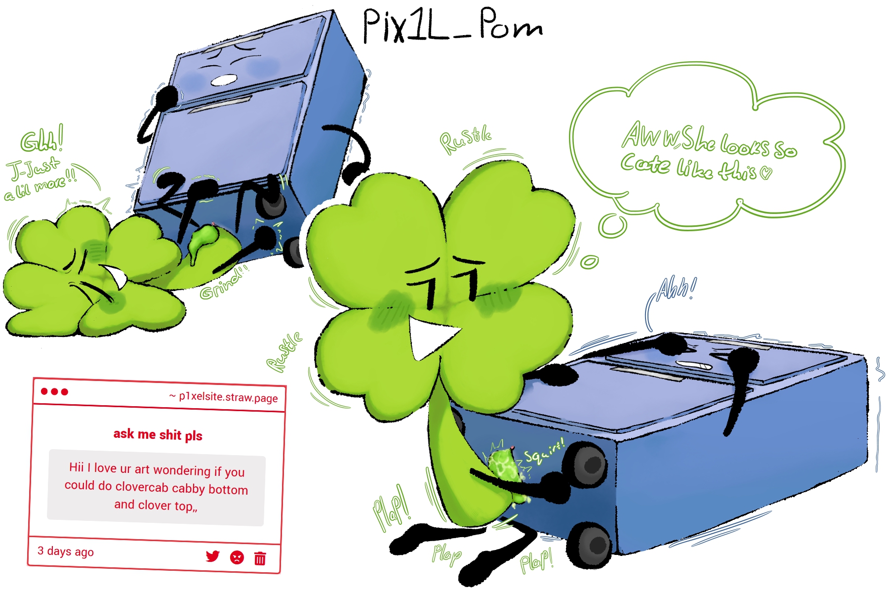 adamation inc., adamationz, animationepic, blue text, blush, cabby (ii), clover (ii), cute, female, futa on female, futanari, green text, ii, inanimate insanity, inanimate insanity invitational, inanimate object, intersex, object show, object show community, object shows, osc, p1x tuber, plap, pussy, request, strawpage request, tagme (artist), text, thought bubble, vaginal sex