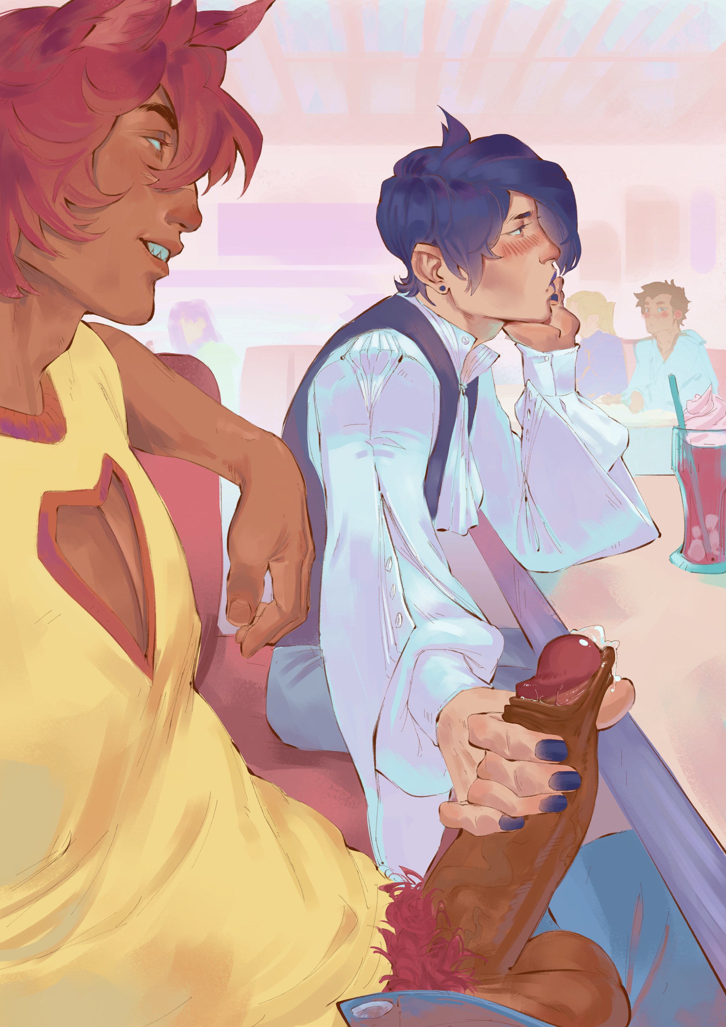 2d, 2d (artwork), animal ears, aphelios, audience, balls, big balls, big penis, black hair, blush, blushing male, clothed, clothing, couple, couple (romantic), dark skin, dark-skinned male, foreskin, gay, gay male, hairy male, hairy penis, hand on penis, handjob, huge balls, huge cock, imminent orgasm, irisart nsfw, jacking off, jacking off another, jacking off partner, league of legends, light skin, light-skinned male, male, male only, male/male, masturbating, masturbating other, masturbation, meme, meme reference, muscular, muscular male, penis, penis out, penis out of pants, people in background, people watching, precum, precum drip, public, public nudity, red hair, reference image, riot games, sett, uncircumcised, video game character, video games, watching, watching masturbation, watching sex